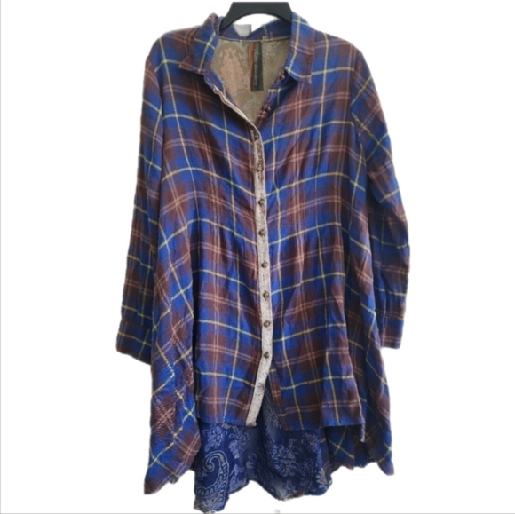 Aratta Silent Journey Anthroplogie Blue and Brown Plaid High Low Dress - Picture 1 of 7